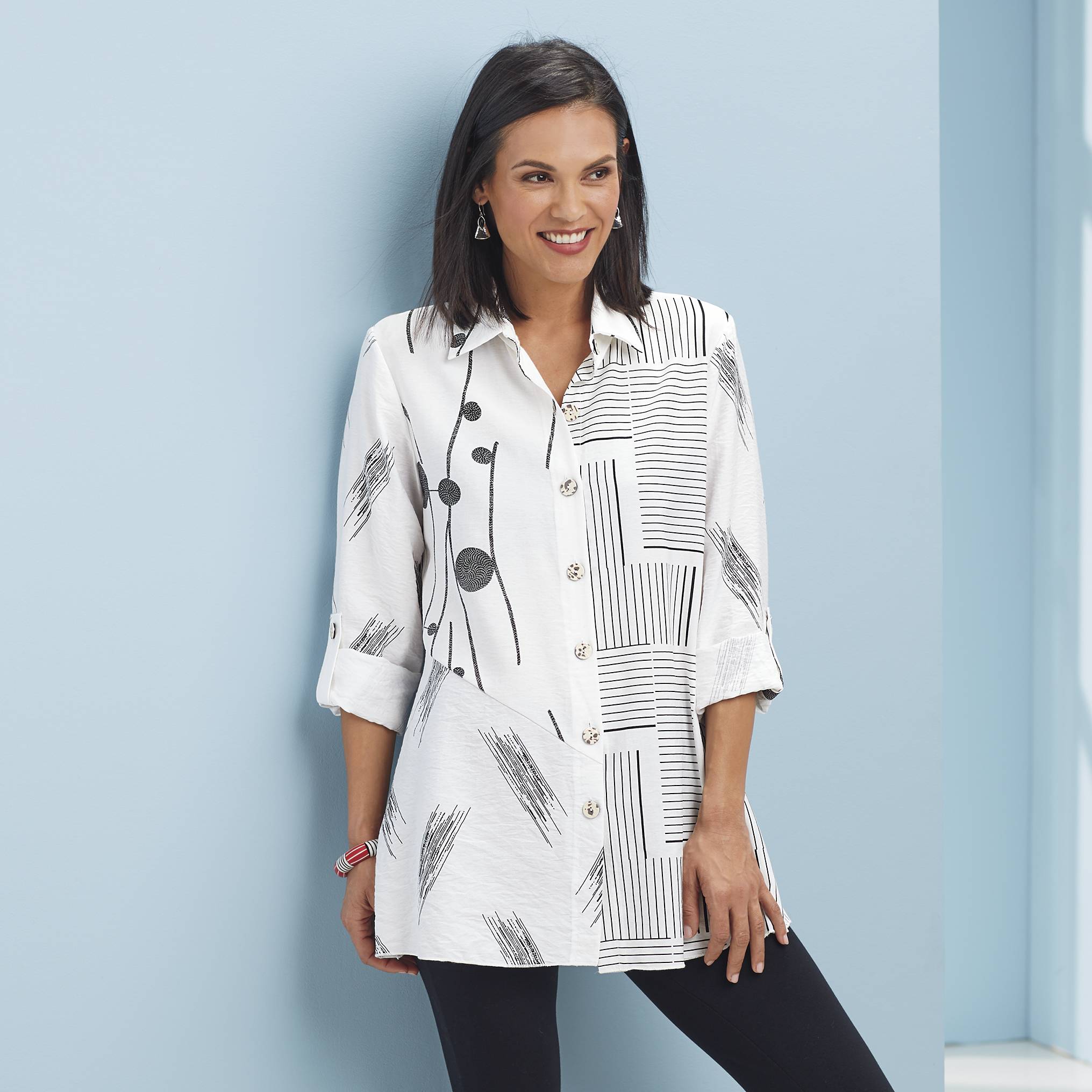 Mixed Pattern Tunic, Button Front, Collar, Roll-Tab Sleeves - Northstyle Catalog
