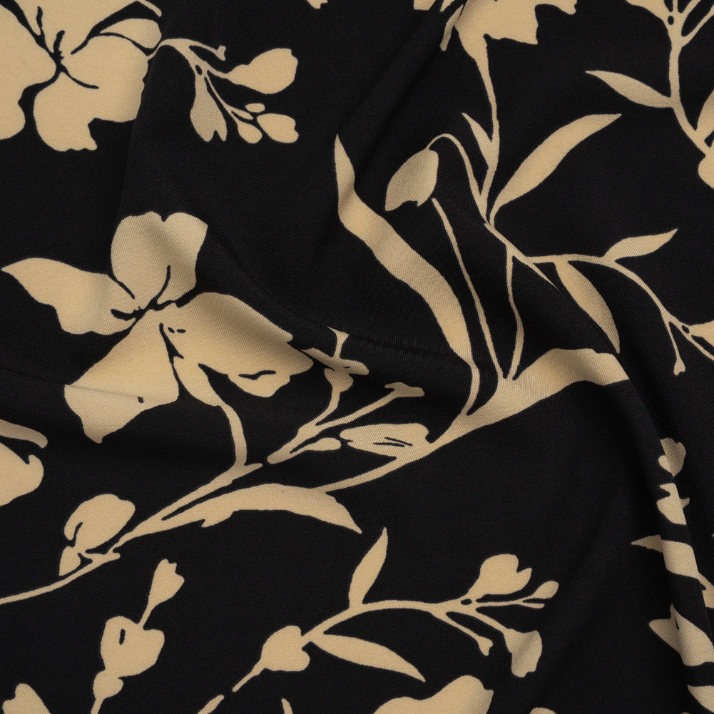 Stretch Polyester Twill Print - Black and Beige Floral - Designer Deadstock - Joann Fabrics