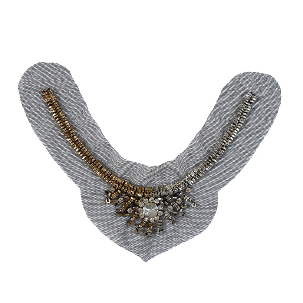 Italian Silver and Gold Beaded Rhinestone Neckline Applique on Black Mesh - Joann Fabrics