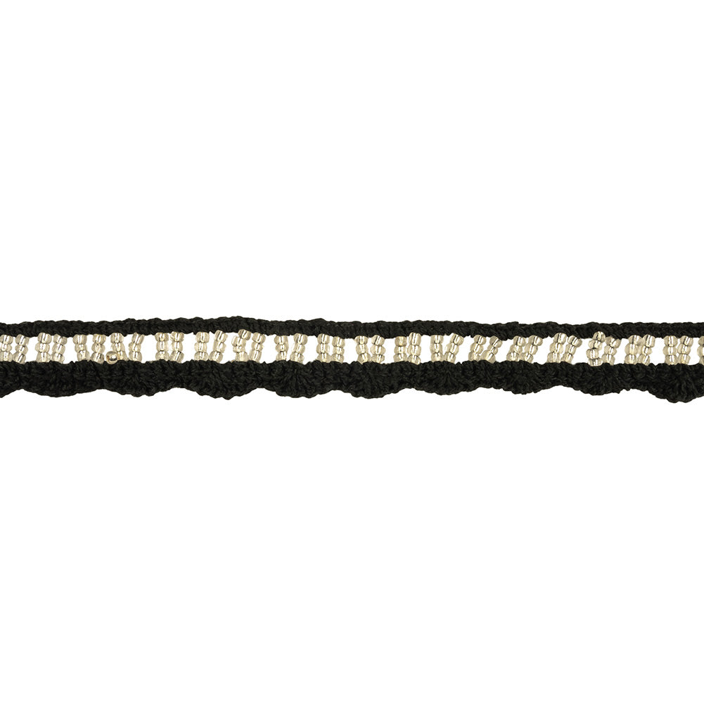 Black and Silver-Lined Beaded Cotton Crochet Lace - 0.75