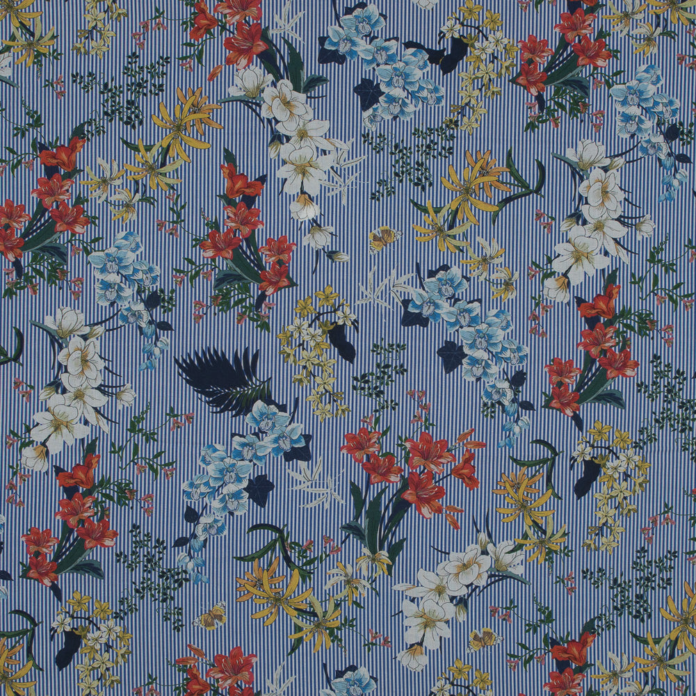 Cotton Voile - Florals on White and Blue Stripes - Ganesh's Epiphany Print - Mood Exclusive Surya Collection - Joann Fabrics
