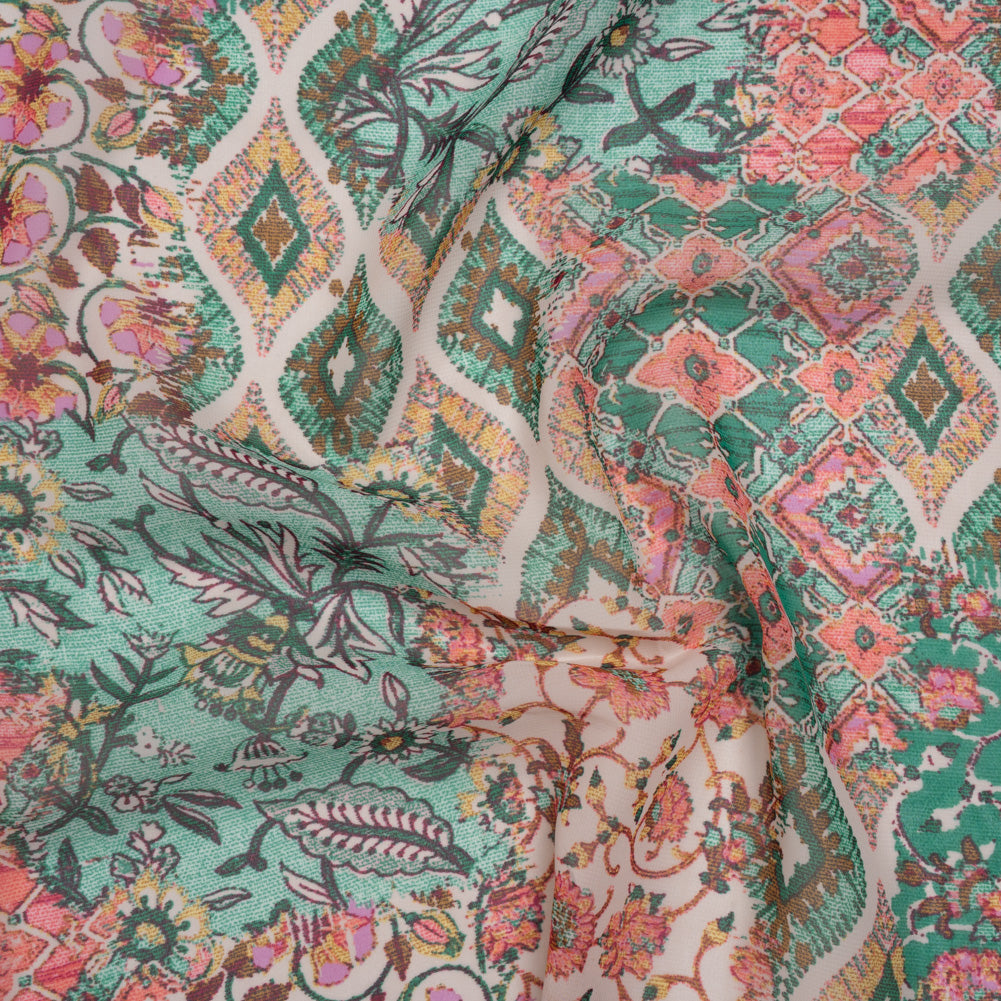 Polyester Chiffon Print - Pink, Mint Green and Yellow Flowers and Tiles Patchwork - Designer Deadstock - Joann Fabrics