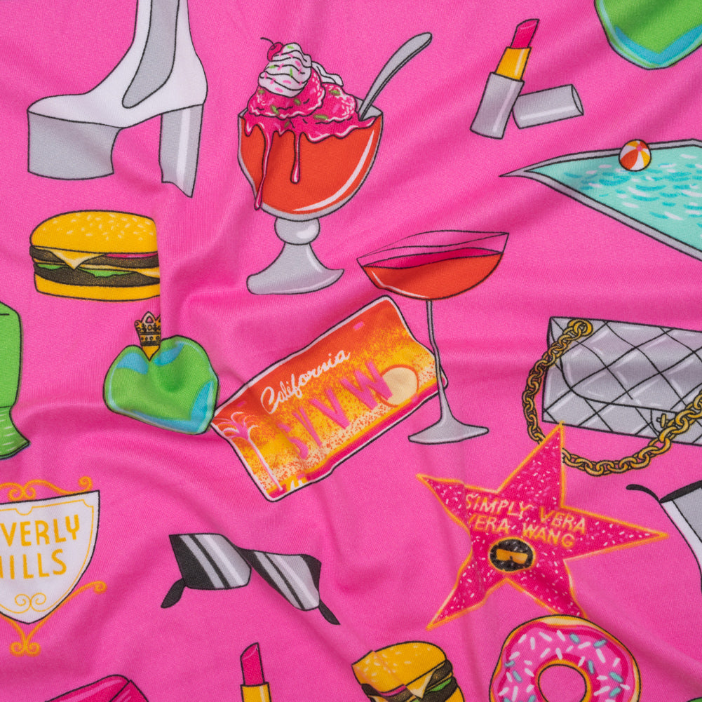 Stretch Polyester ITY Jersey by Vera Wang - Fuchsia, Green and Orange California Dreaming Icons - Designer Deadstock - Joann Fabrics