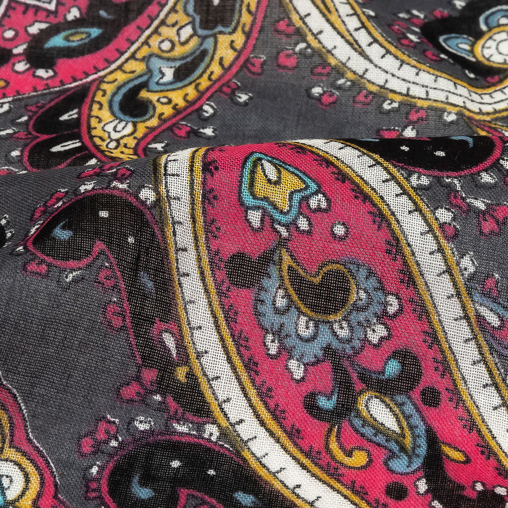 Gauzy Cotton Voile - Charcoal, Hot Pink and Gold Paisley - Deadstock - Joann Fabrics