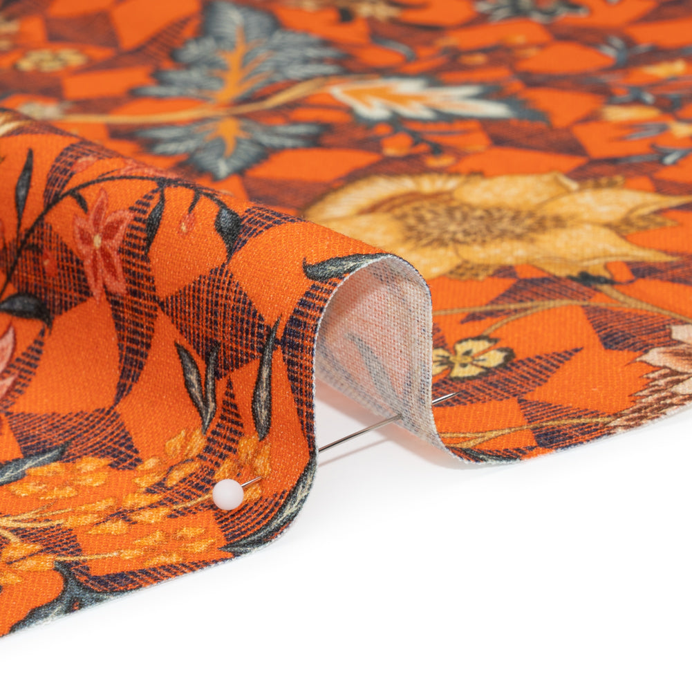Linen and Rayon Woven Print - Orange and Blue Diamonds and Flowers - Mood Exclusive Rattan Roses - Joann Fabrics
