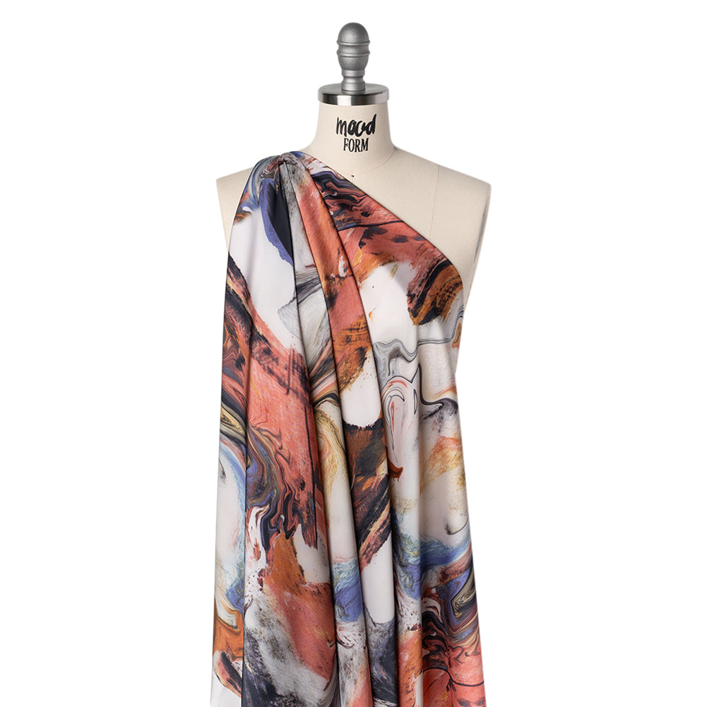 Polyester Satin - Madder Red, Blue and Pale Gray Earthy Swirls - Mood Exclusive Molten Moves Print - Joann Fabrics