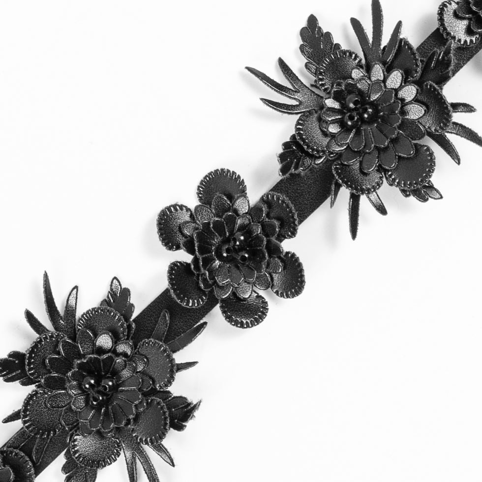 Black Faux Leather Flower Trim - 1.5