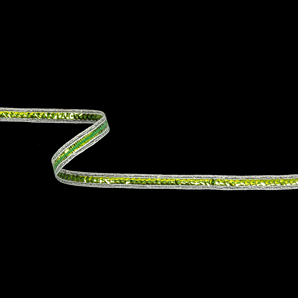 Lime Single Row Sequins and Metallic Silver Stripes Trim - 0.4375