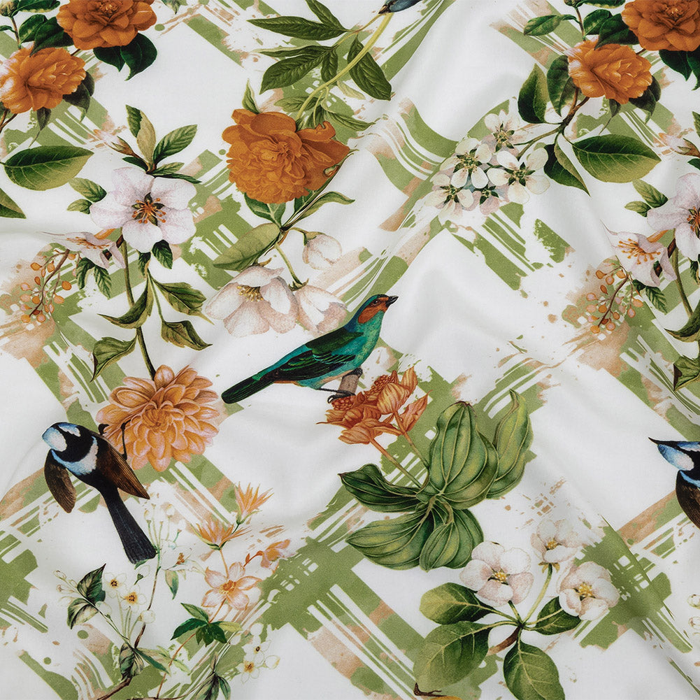 Organic Viscose Batiste - Green and Apricot Crosshatch Avifauna - Loreto Collection - Joann Fabrics