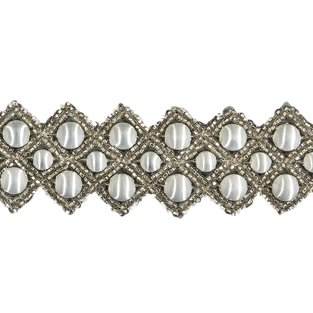 Vintage White and Silver Diamonds Beaded Trim - 1.25