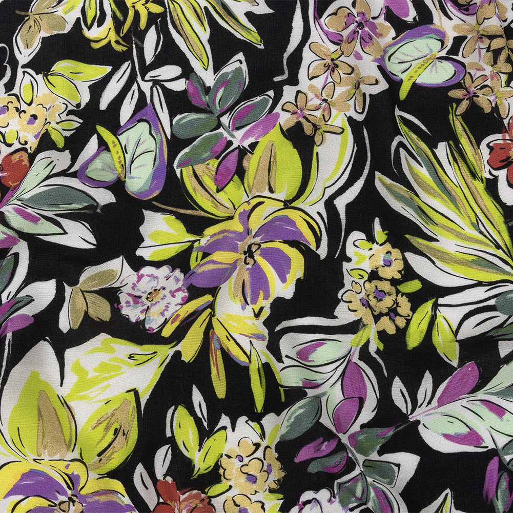 Sustainable Viscose Woven Print - Black, Purple and Yellow Floral - Mood Exclusive Greenhouse Gala - Joann Fabrics