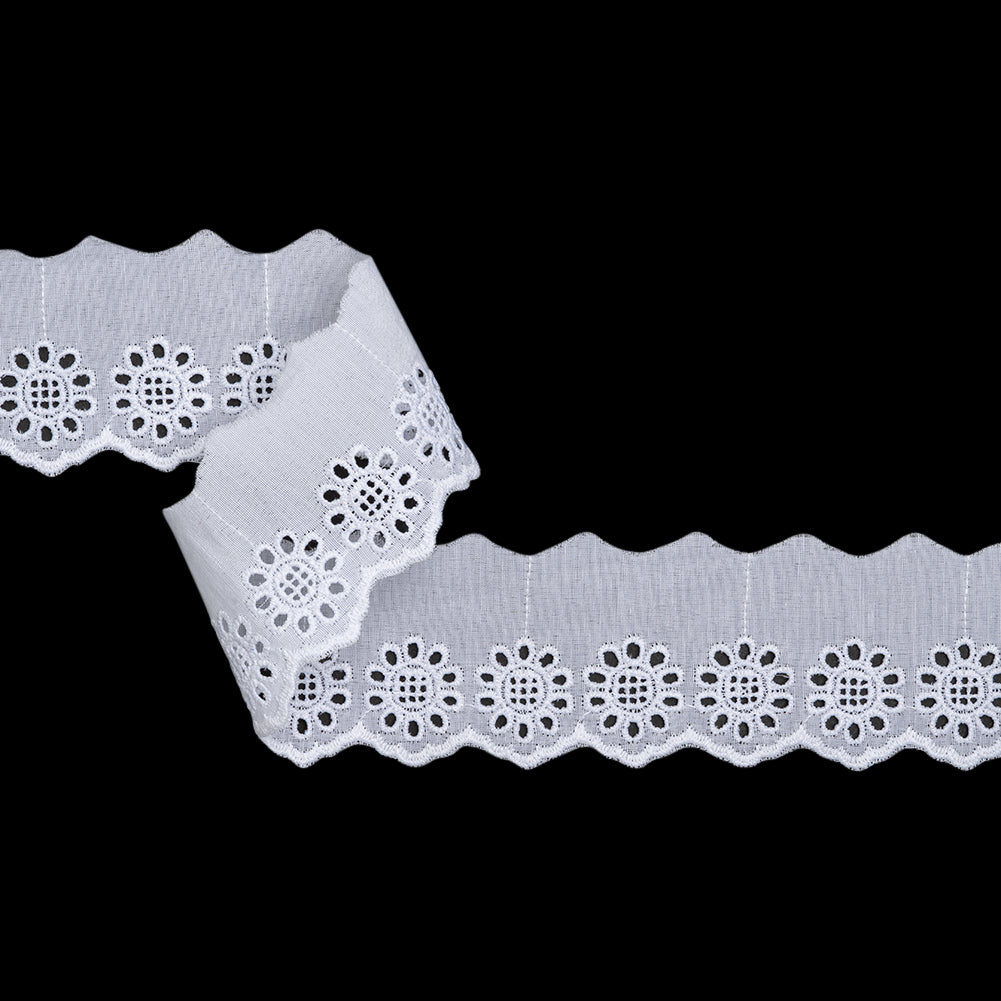 Cotton and Polyester Embroidered Eyelet Lace Trim with One Finished Scalloped Edge - 2.25