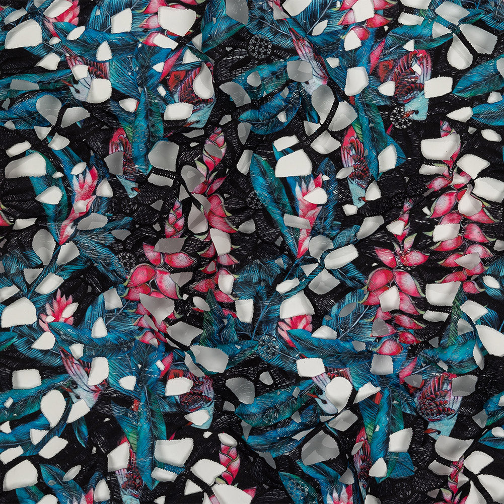 Printed Guipure Lace with Finished Edges - Teal, Fuchsia Pink and Black Tropical Flowers - Joann Fabrics