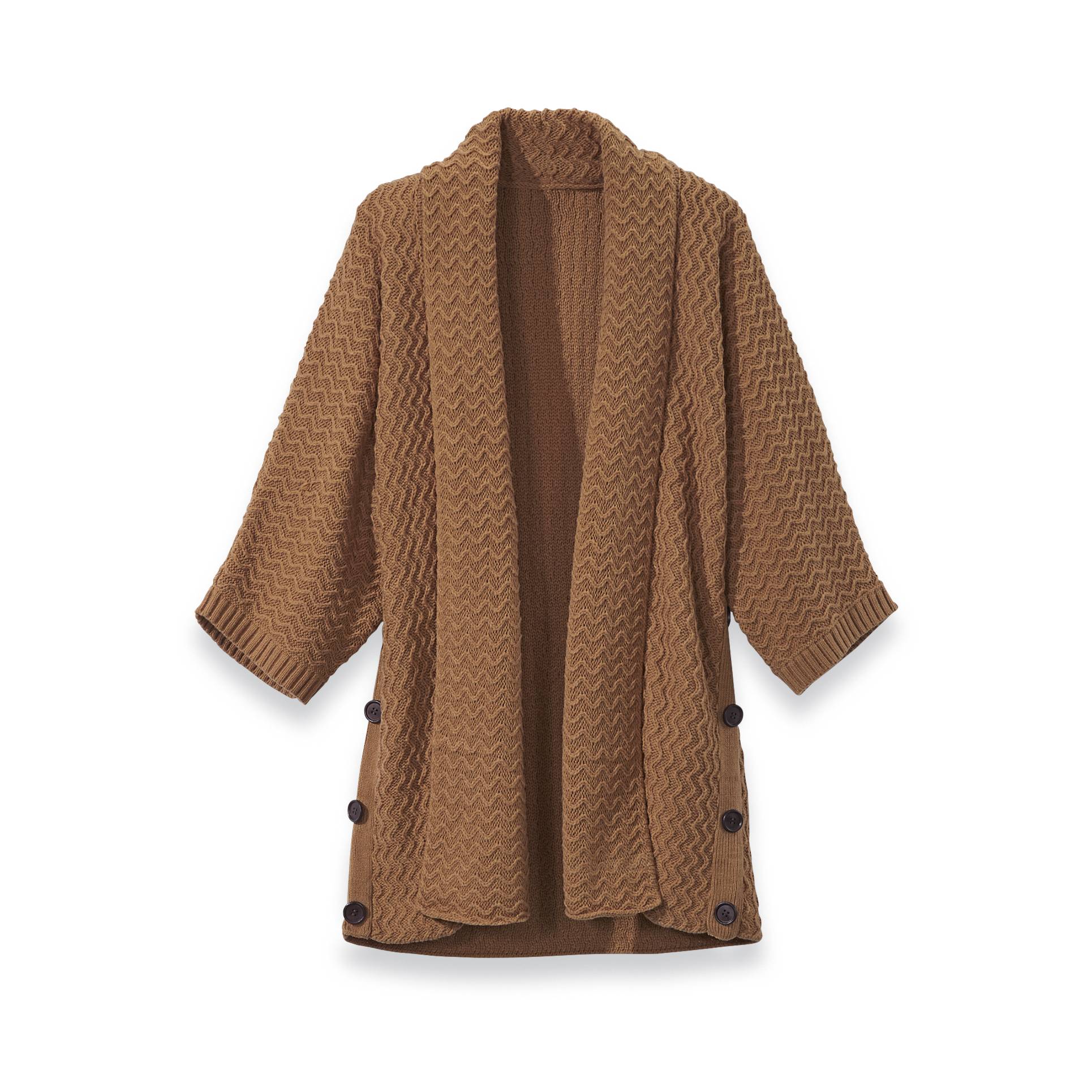 Long Textured Cardigan, Open Front, 3/4 Sleeves, Side Buttons - Northstyle Catalog