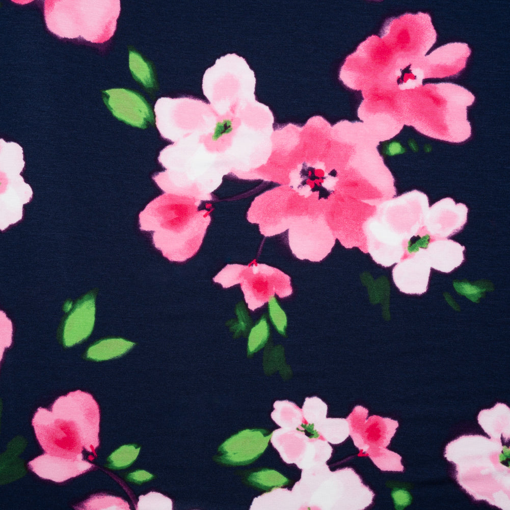 Stretch Rayon Jersey - Navy, Pink and Green Floral - Deadstock - Joann Fabrics