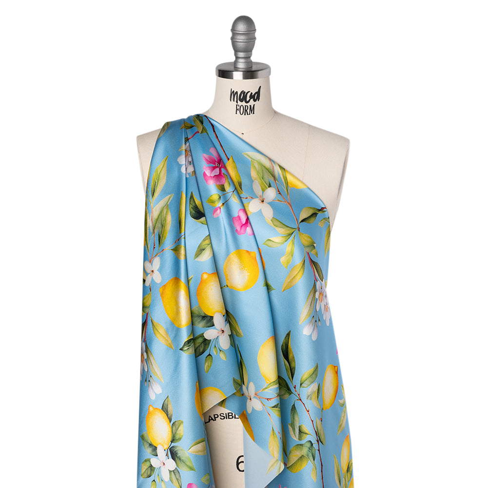 Silk Charmeuse Print 16MM, Made in Italy - Sky Blue, Green and Yellow Blossoming Lemon Tree - Joann Fabrics