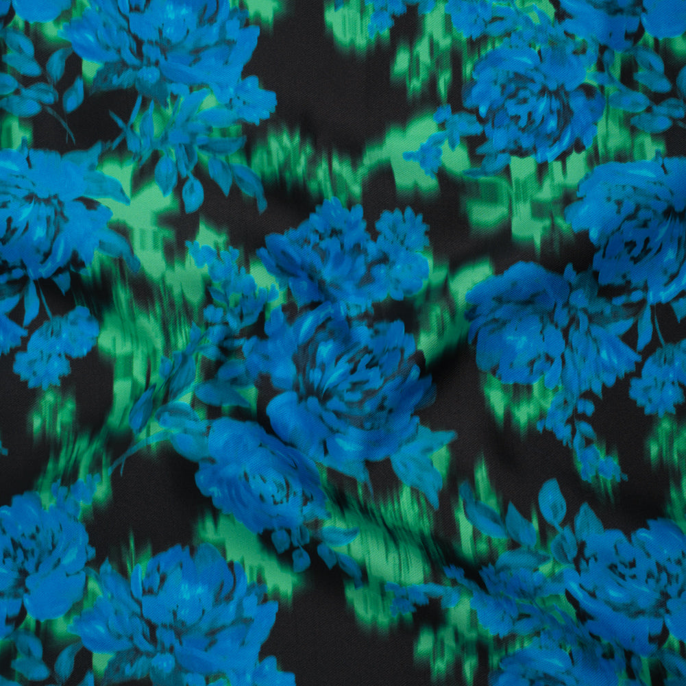 Polyester Mikado - Blue, Green and Black Ikat Roses - Mood Exclusive Echoed Illusions Print - Joann Fabrics