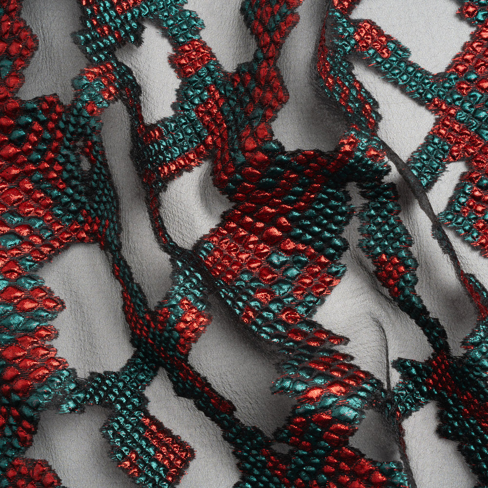 Metallic Teal, Red and Black Snakeskin Sprawl Burnout Luxury Brocade - Joann Fabrics