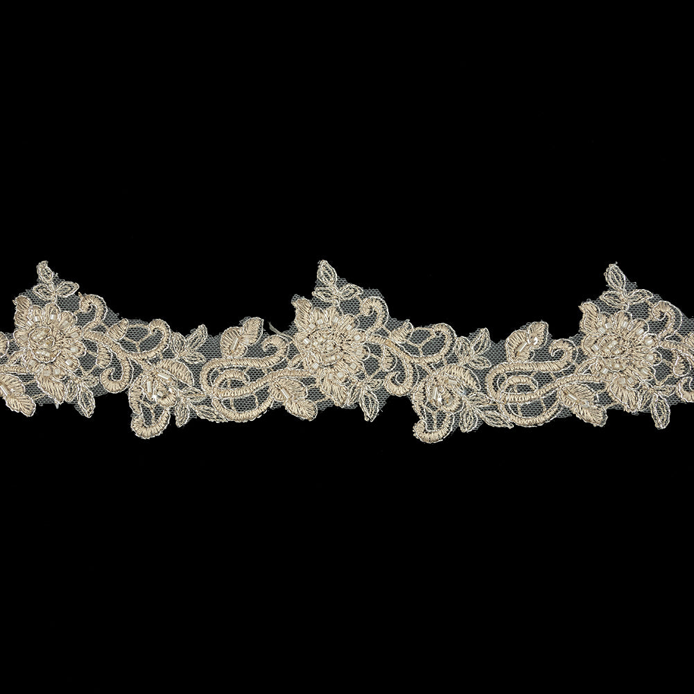 Light Champagne Floral Beaded Bridal Lace Trim with Silver Cording - 2.5