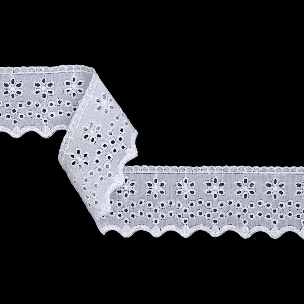 Cotton and Polyester Embroidered Eyelet Lace Trim with Scalloped Edges - 2.5