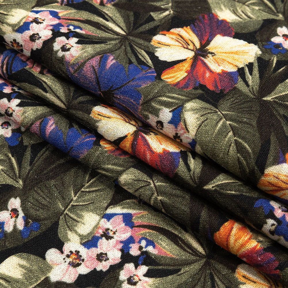 Linen and Rayon Woven - Green and Blue Tropical Floral - Virescent Vignette Print - Mood Exclusive Tumunyana Collection - Joann Fabrics