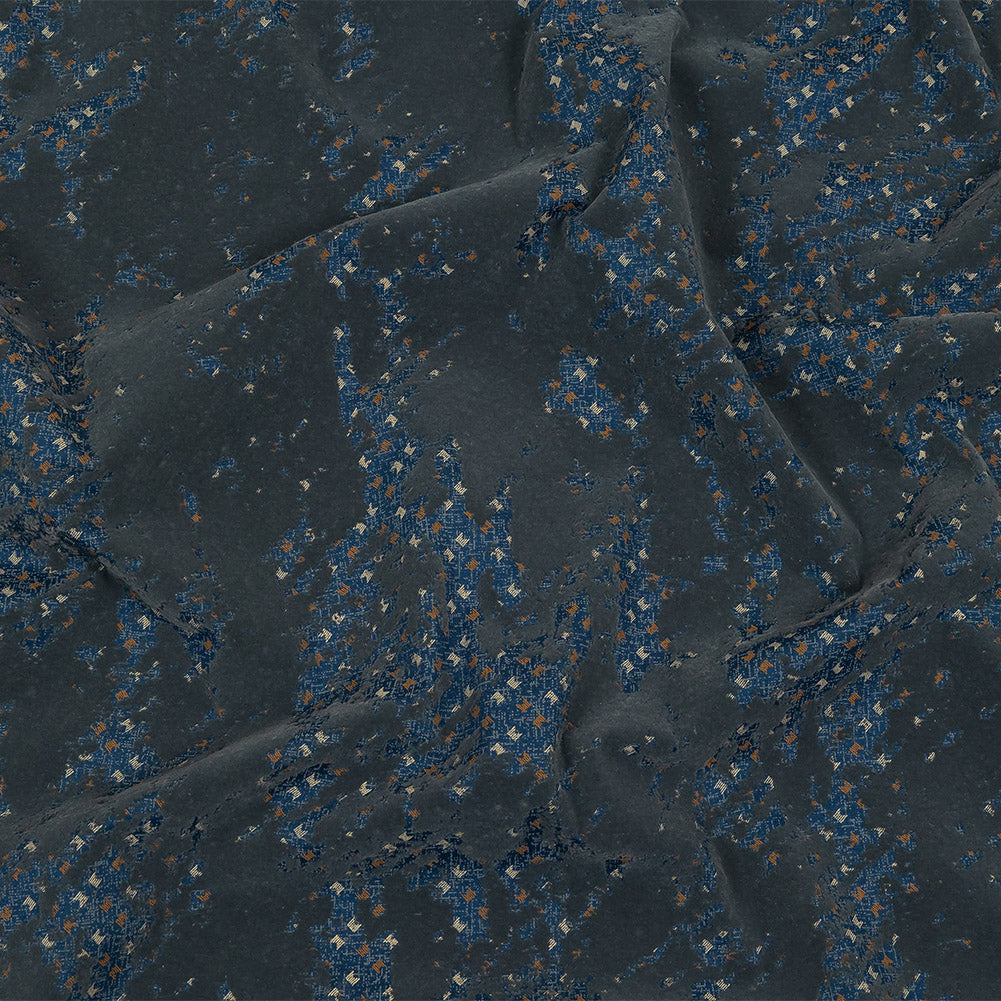Gray Distressed Flocking on Blue, Tan and Beige Geometric Printed Cotton Shirting - Joann Fabrics
