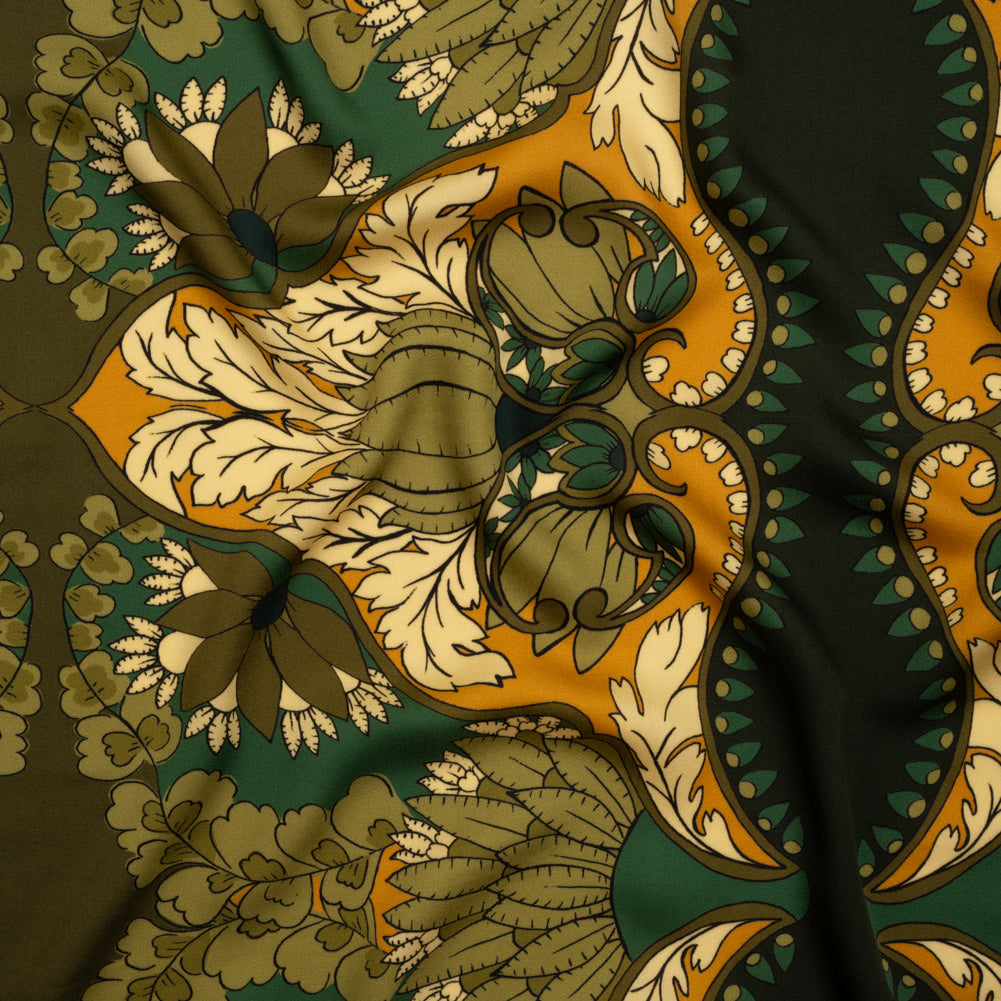 Rayon Challis - Olive Green, Teal and Mango Orange Wavy Floral Stripes - Nymph’s Harvest Print - Mood Exclusive Acadia Collection - Joann Fabrics