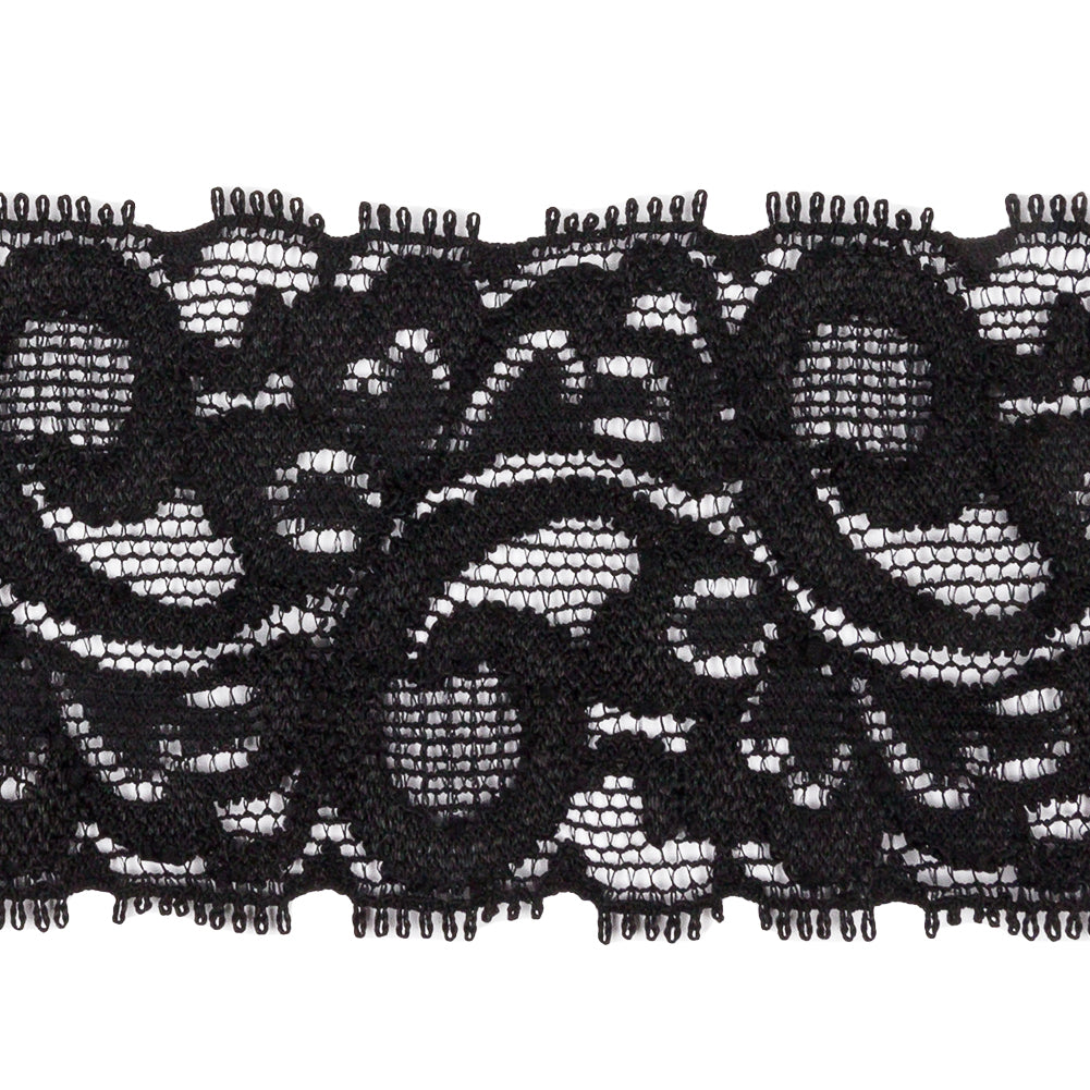 Famous NYC Designer Black Swirls and Leaves Stretch Lace Trim - 1.75