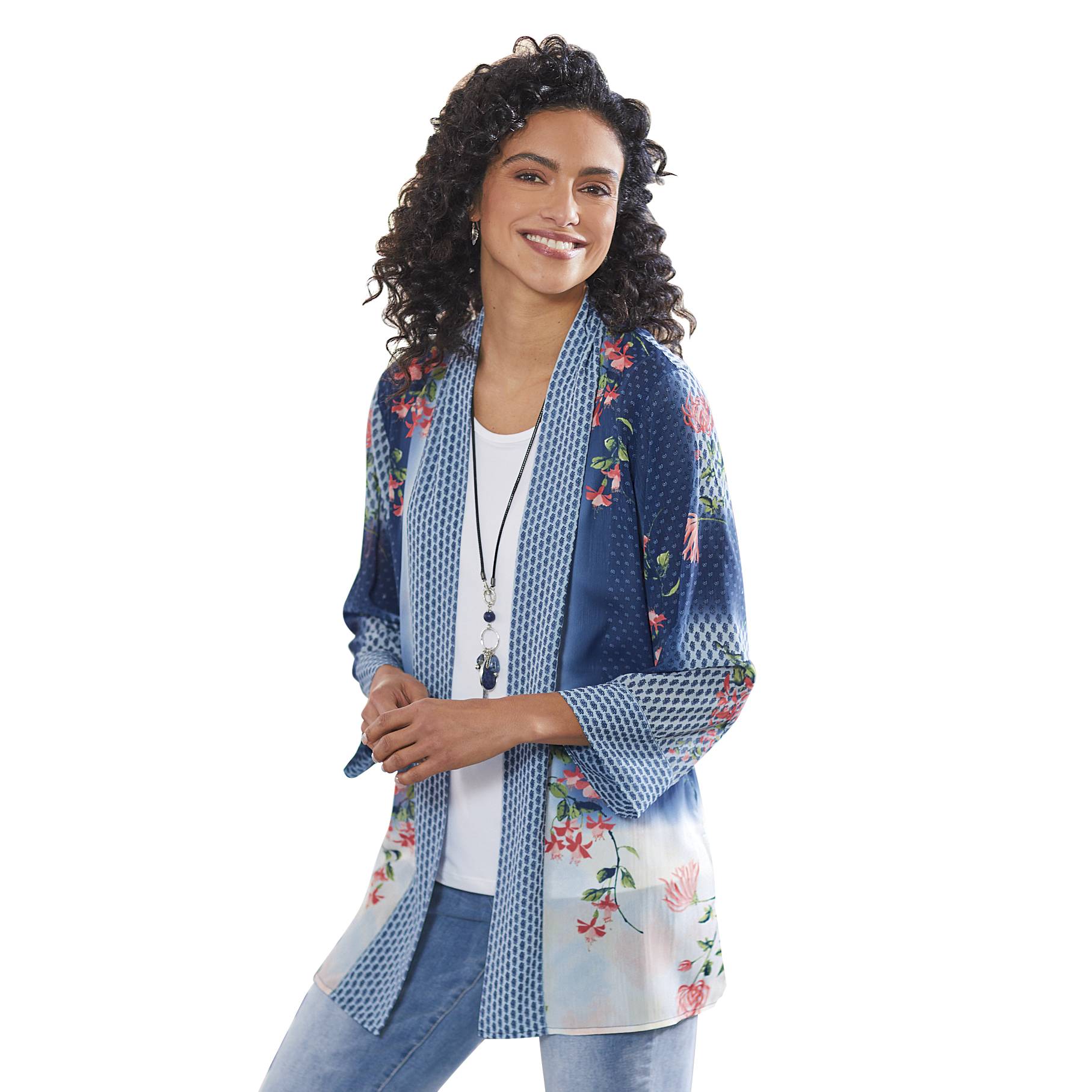 Floral Kimono Jacket, Open Front, 3/4 Sleeves, Lightweight - Northstyle Catalog