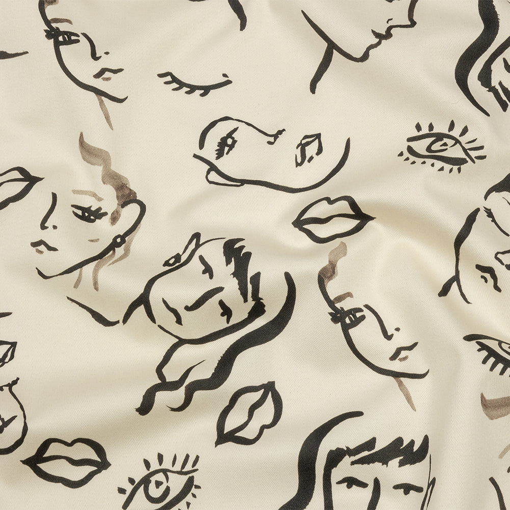Stretch Cotton Sateen - Black and White Face Drawings - Everyday Runway Print - Mood Exclusive Metro Collection - Joann Fabrics
