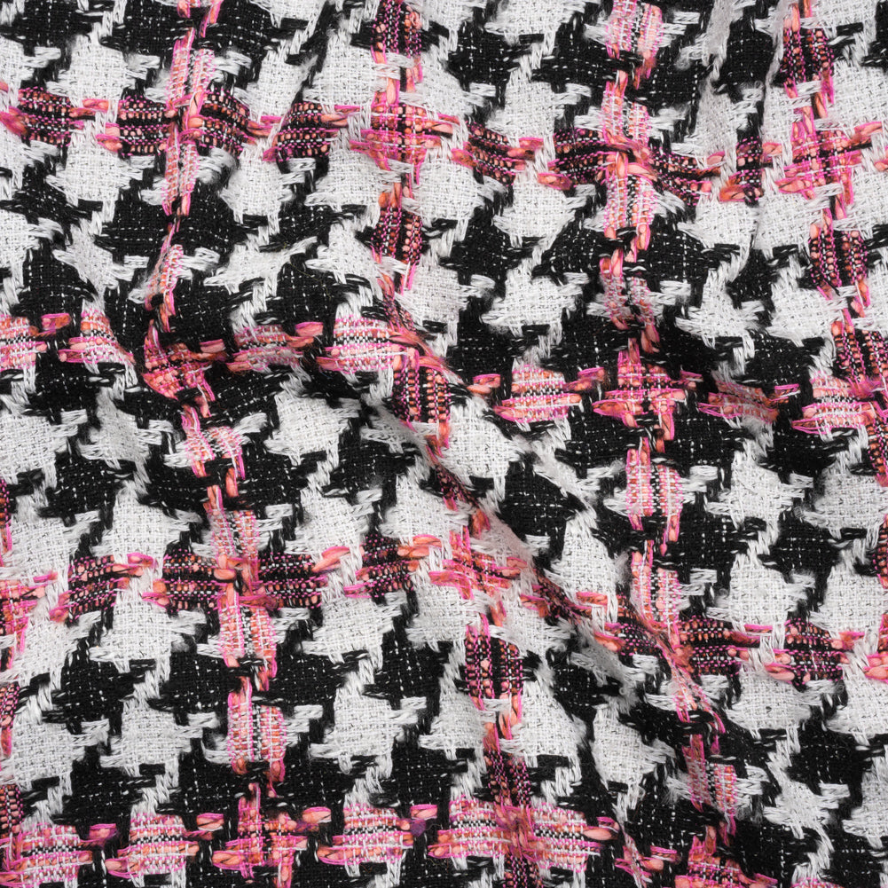 Tweedy Boucle Woven - Black, White and Pink Houndstooth - Deadstock - Joann Fabrics