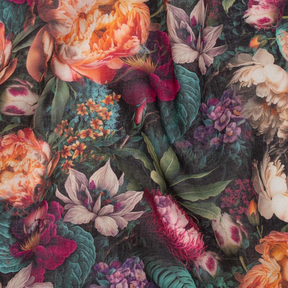 Medium Weight Linen Woven Print - Red Violet, Peach and Dark Green Mythical Garden - Joann Fabrics
