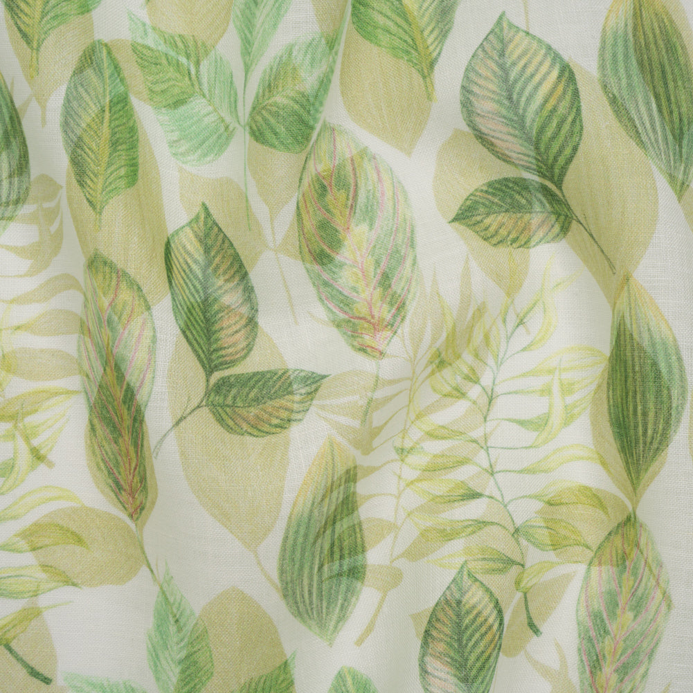 Medium Weight Linen Woven Print - Green on White Laying Leaves - Joann Fabrics