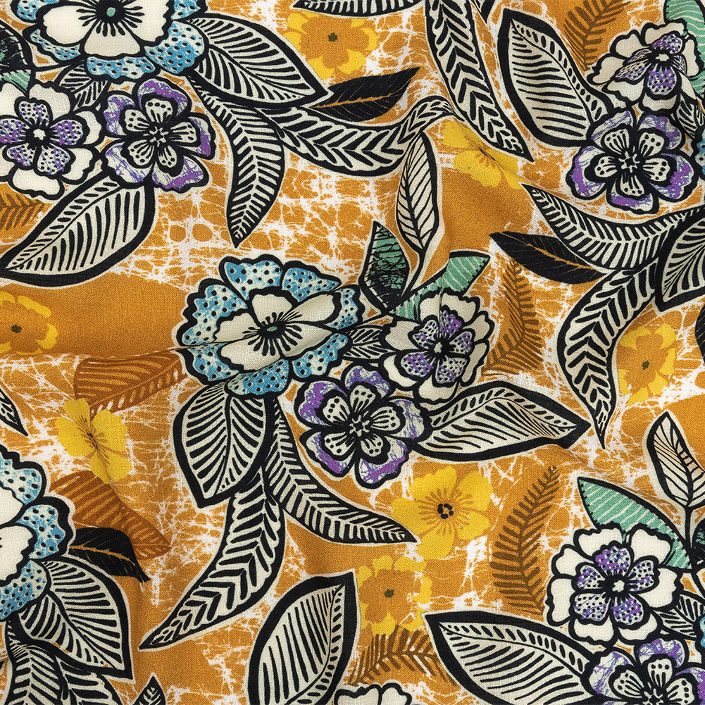 Slubbed Viscose Woven Print - Golden Orange and Blue Floral - Mood Exclusive Blackened Buds - Joann Fabrics