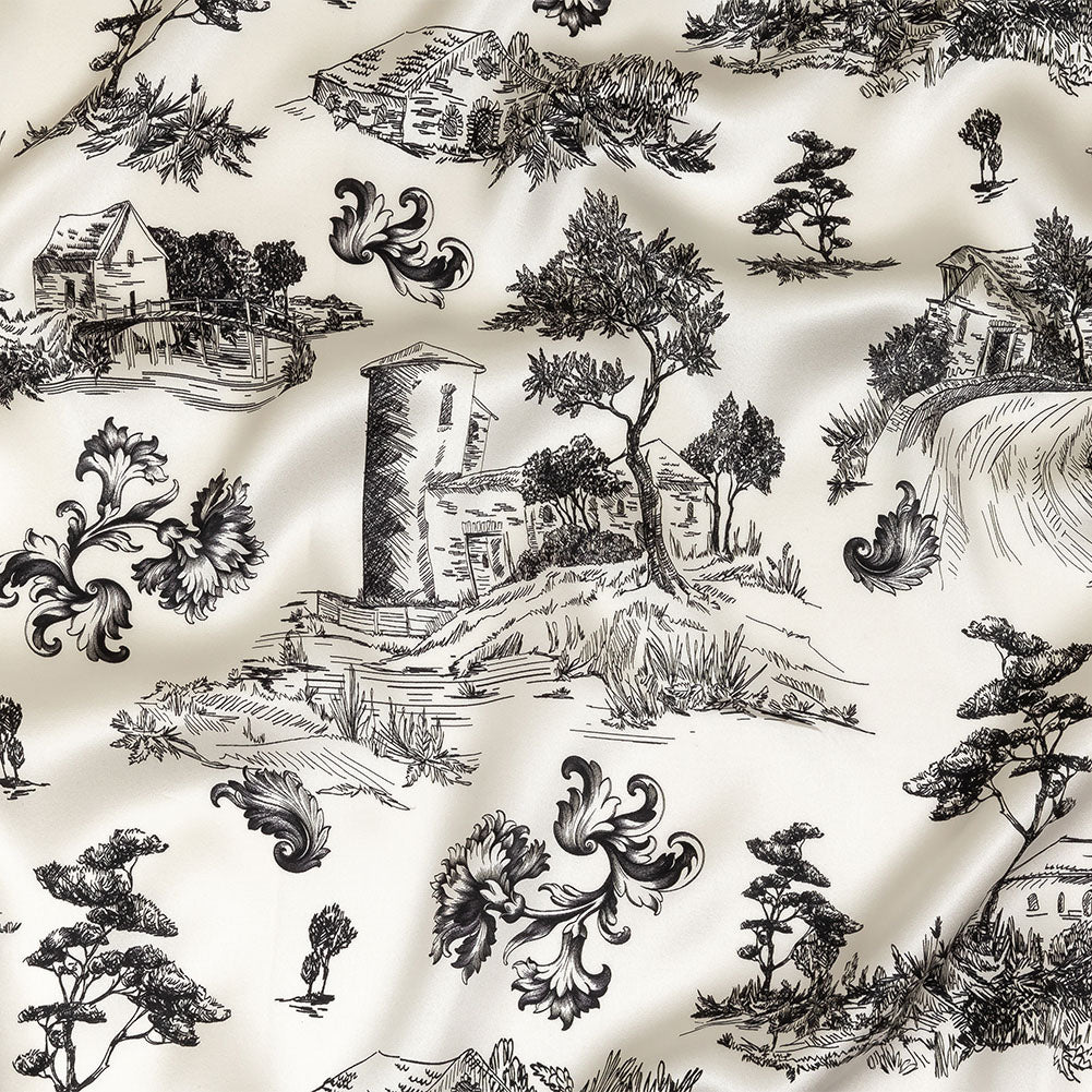 Mood Exclusive Italian Black Bean and Cloud Dancer Elegant Toile Silk Charmeuse - Joann Fabrics