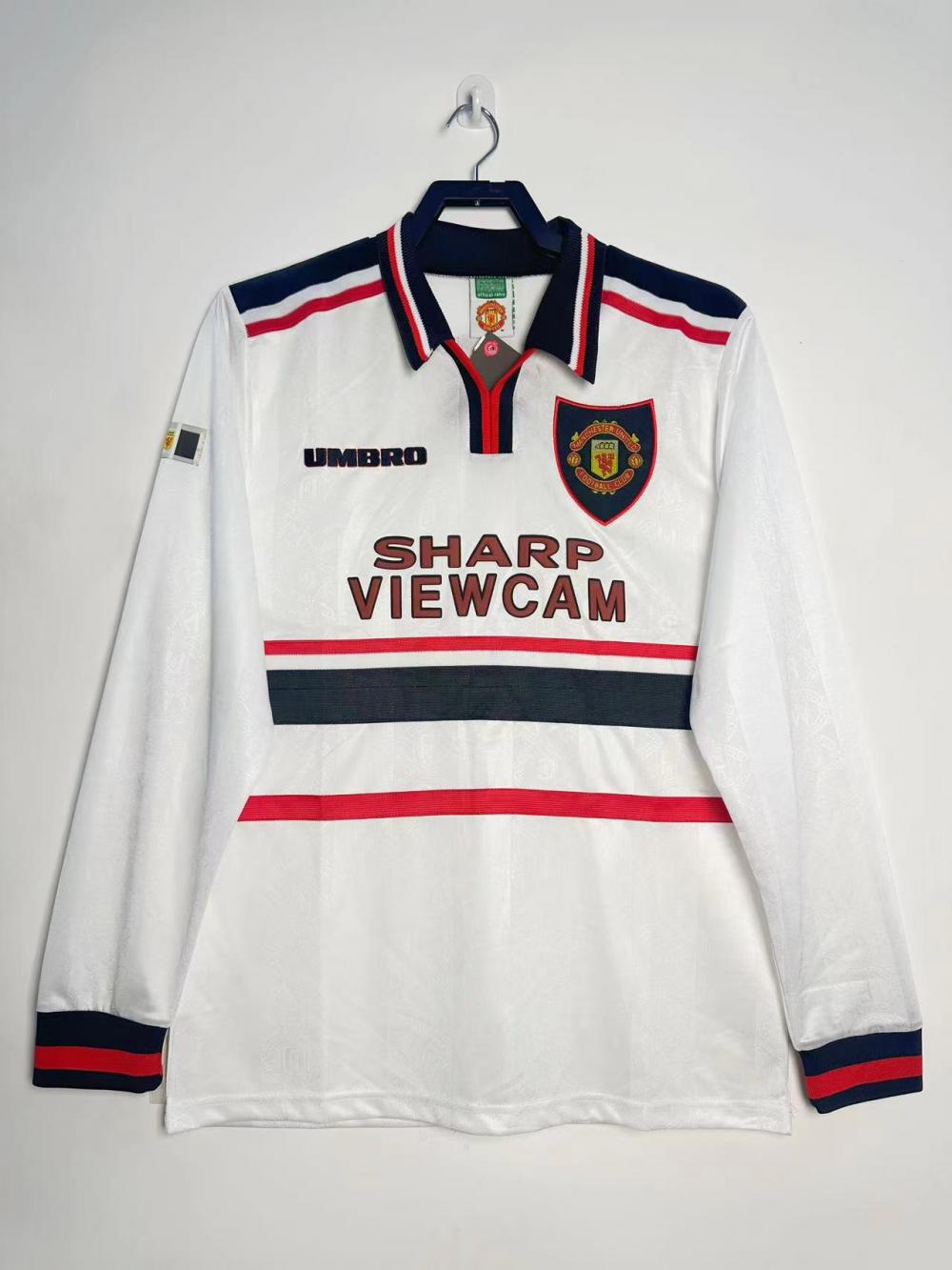 1998-1999 Retro Long Sleeve Manchester United Away White Football Shirt 1:1 Thai Quality