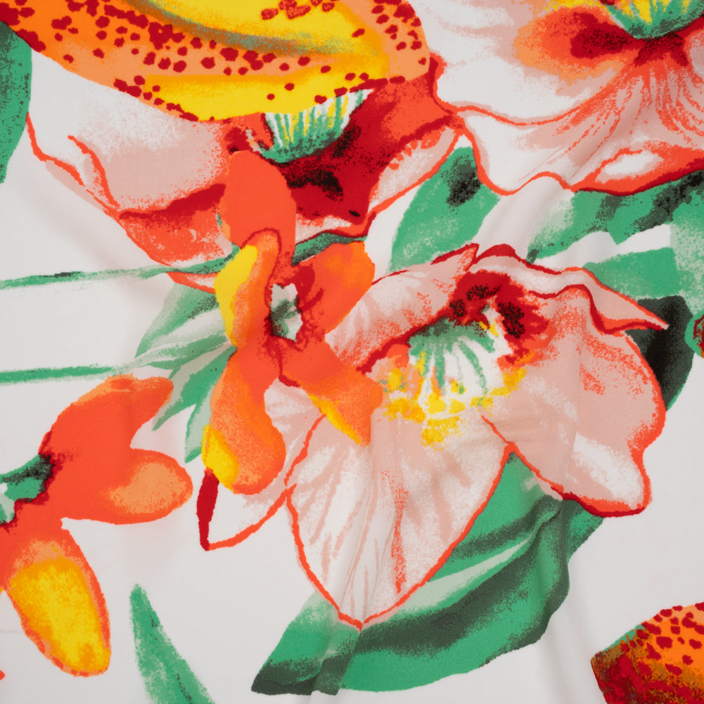 Lightweight Polyester Crepe Print - Bright Orange, Yellow and Green Brilliant Flowers and Orchids - Designer Deadstock - Joann Fabrics