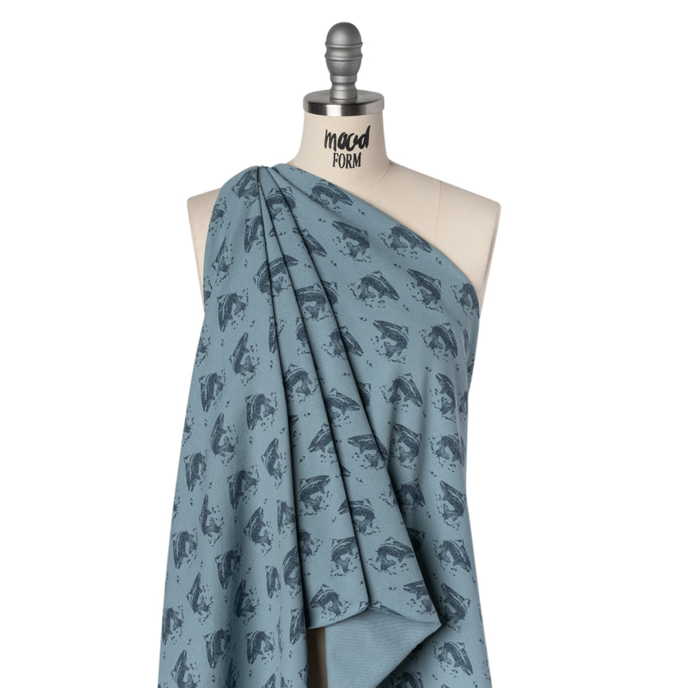 Cotton Pique Knit Print - Navy and Dusty Blue Whales - Deadstock - Joann Fabrics