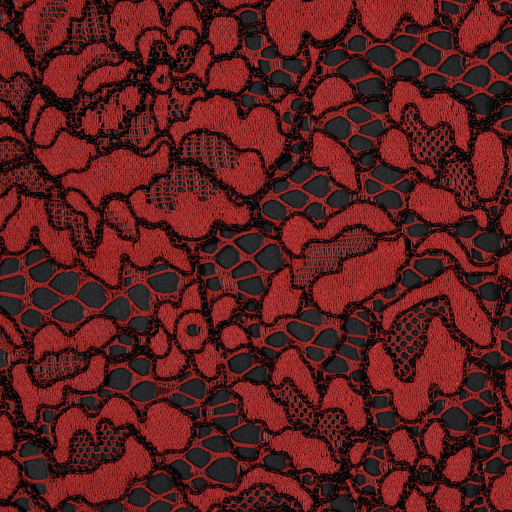 Red Coral and Black Floral Corded Lace with Eyelash Edges - Joann Fabrics