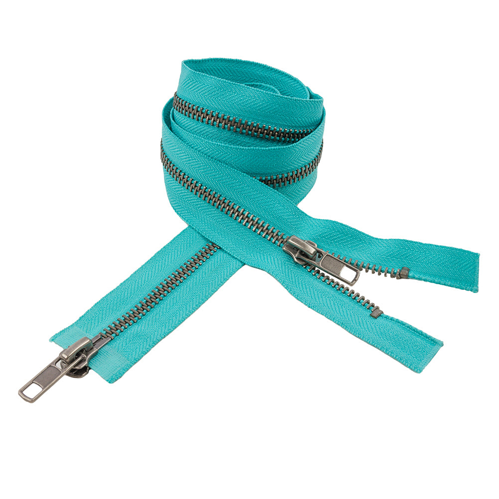Turquoise and Matte Gunmetal T5 Open End Metal Zipper with Two Pulls - 36
