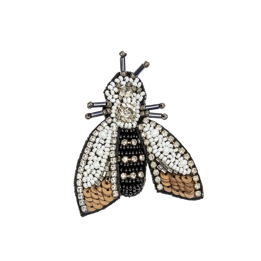 Black, White and Bronze Moth Rhinestone and Glass Beaded Applique - 2.5