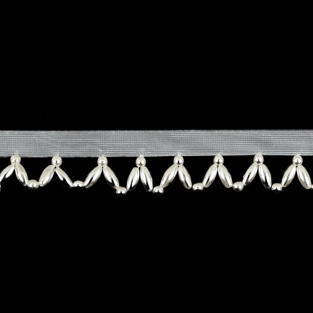 Vintage White and Pearl Beaded Scalloped Fringe Trim on Polyester Mesh - 0.5