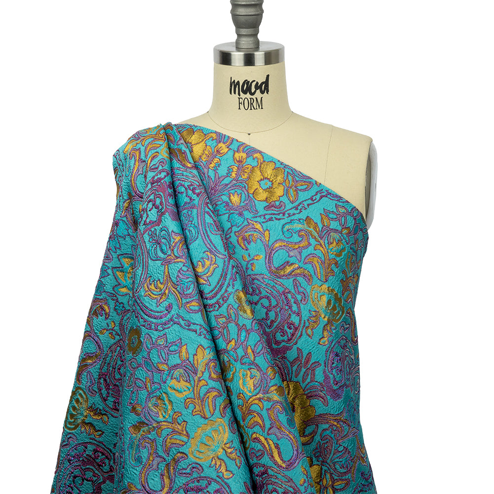 Turquoise, Magenta and Golden Yellow Floral Damask Metallic Luxury Brocade - Joann Fabrics