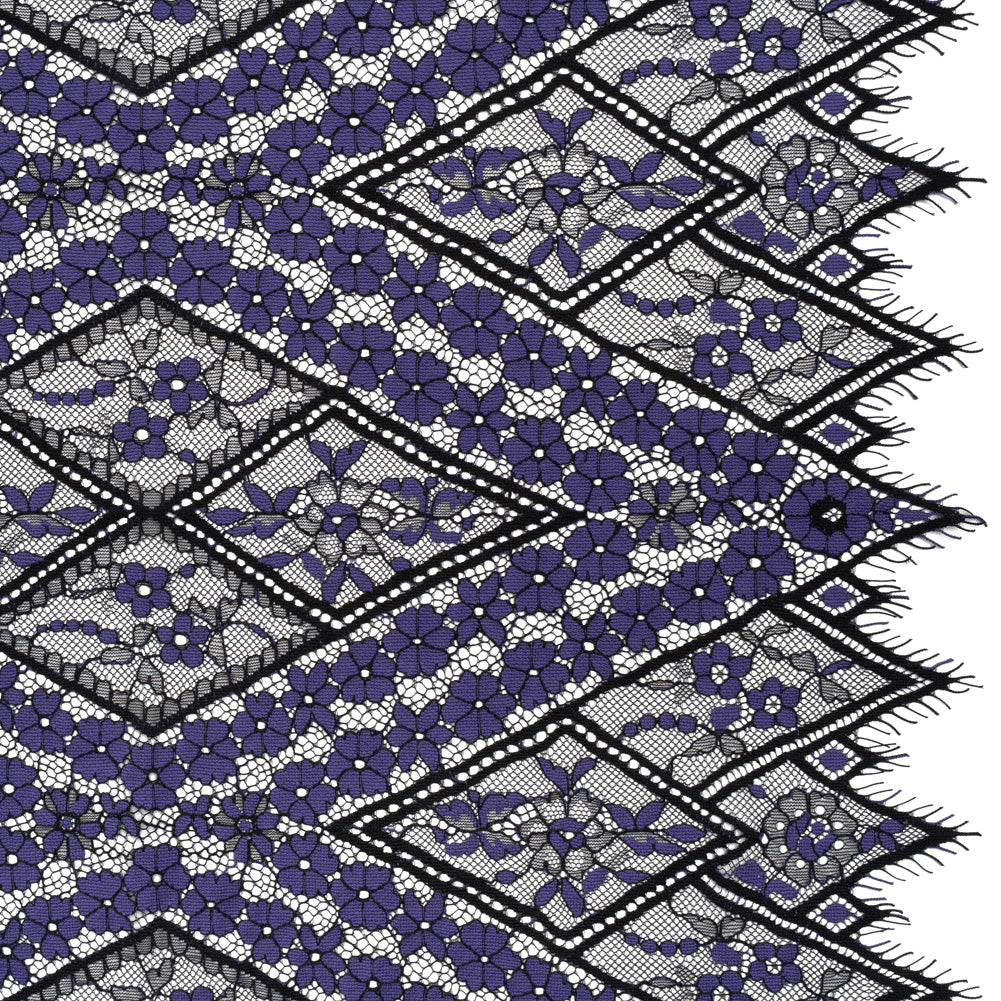 Cotton and Nylon Re-Embroidered Lace Panel with Finished Edges - Black and Blue Iris Diamonds and Flowers - Joann Fabrics
