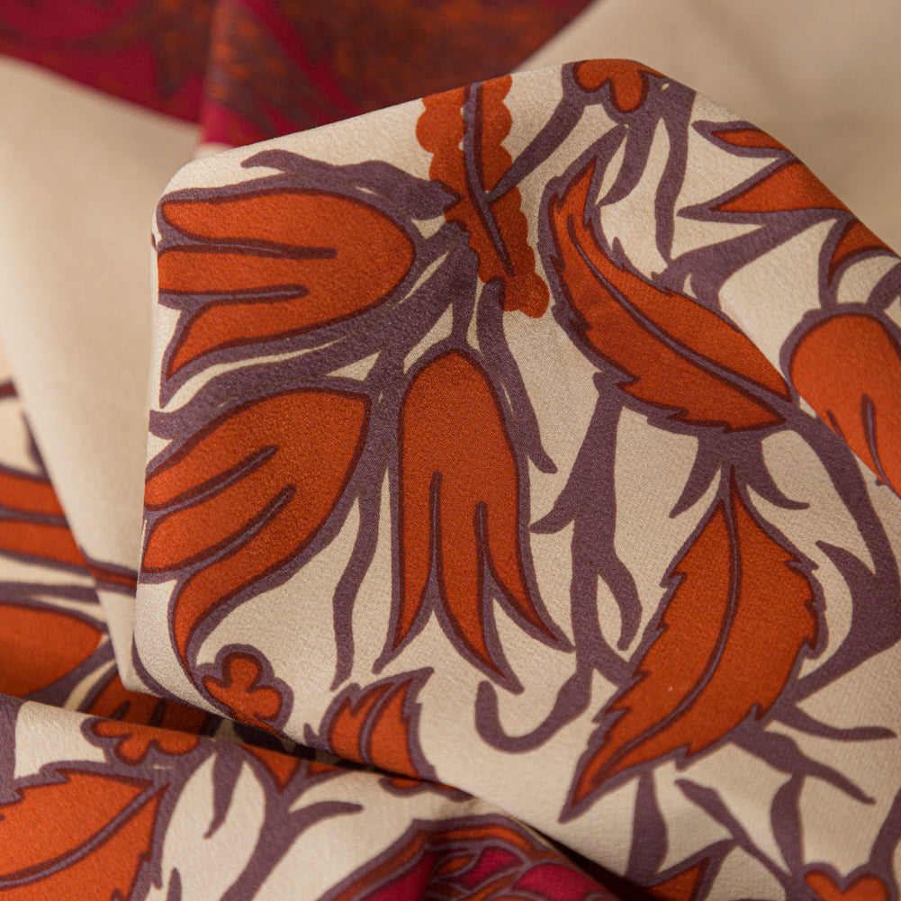 White Pepper, American Beauty and Orange Tiger Wide Floral Stripes Stretch Silk Crepe de Chine - Joann Fabrics
