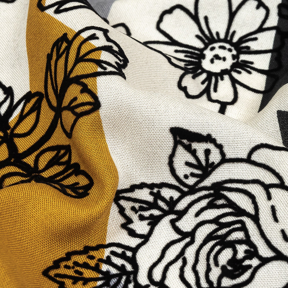 Black, Gray and Harvest Gold Flocked Flowers on Geometric Printed Viscose Woven - Joann Fabrics