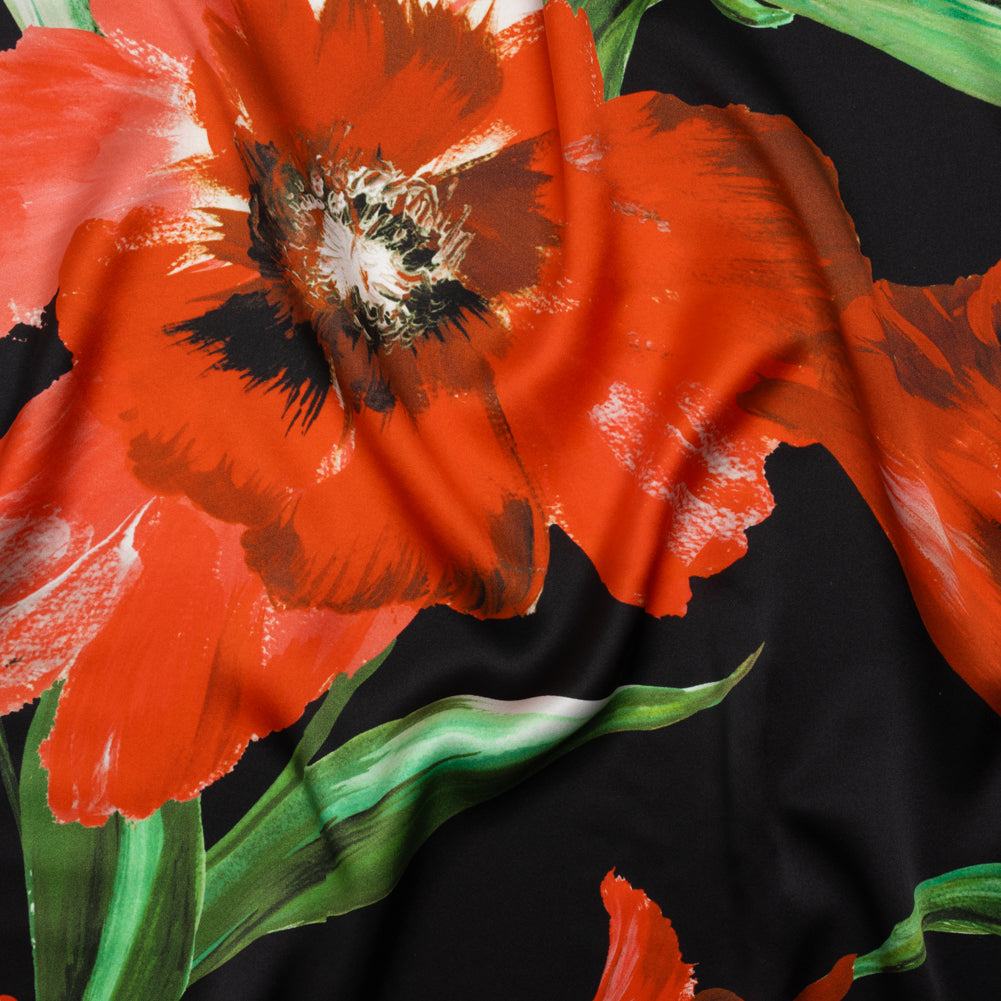 Silk Charmeuse Print 16MM, Made in Italy - Scarlet Red, Green and Black Painted Tulip Garden - Joann Fabrics