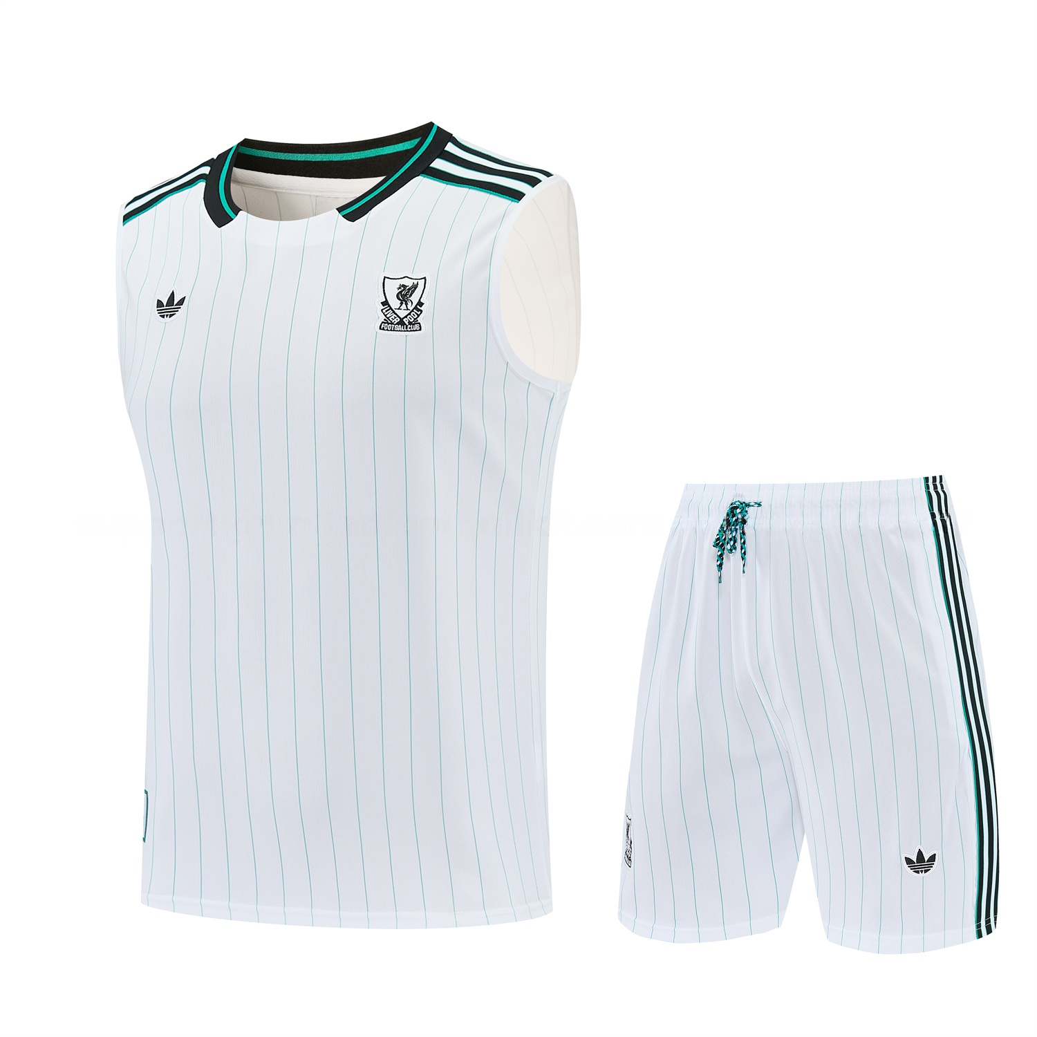 Liver.pool 25-26 Retro Style Vest Training Set - White With Green Stripes Top & Pants - UnitedFutballJersey