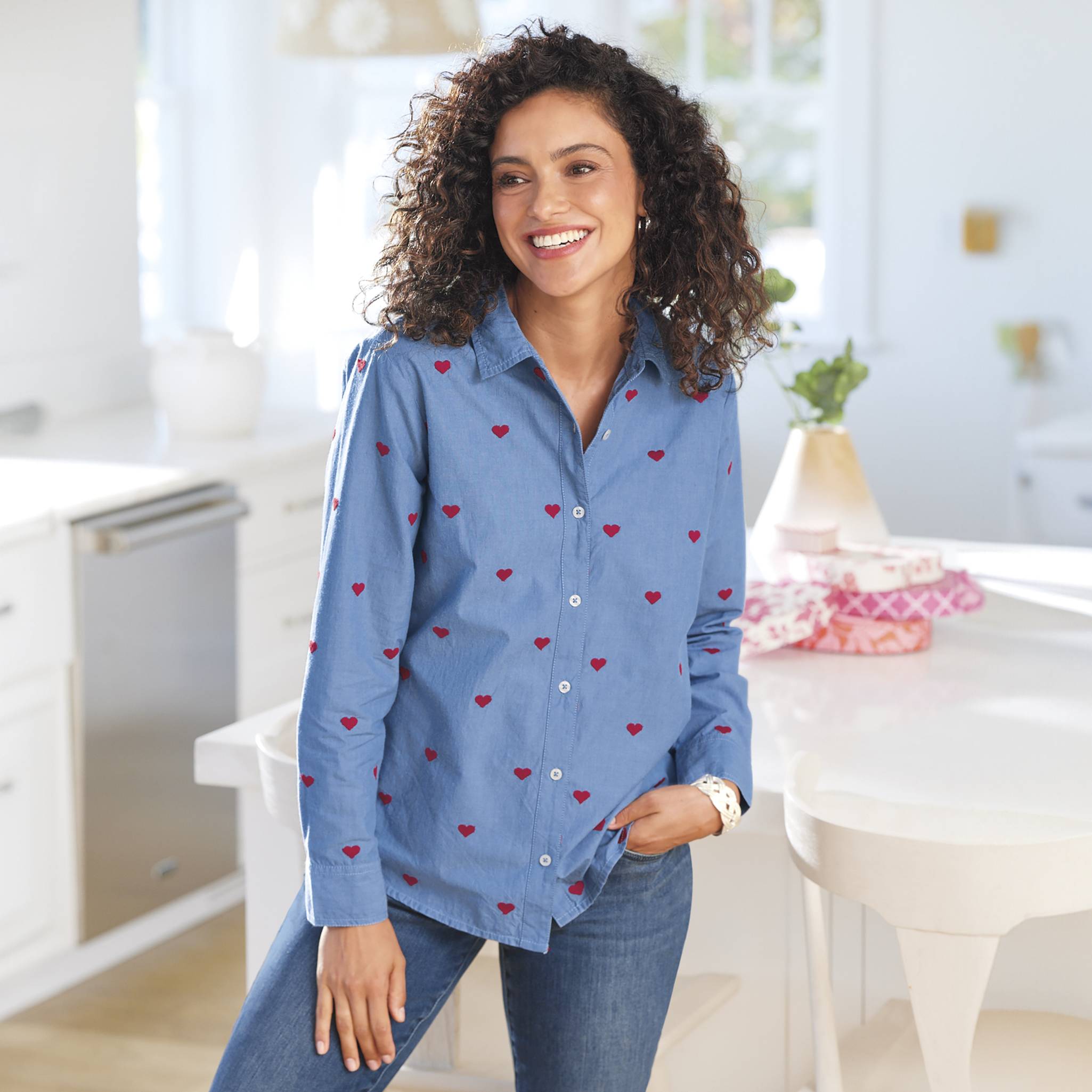 Tossed Heart Embroidered Cotton Shirt, Collared Button Front, Long Sleeves - Northstyle Catalog