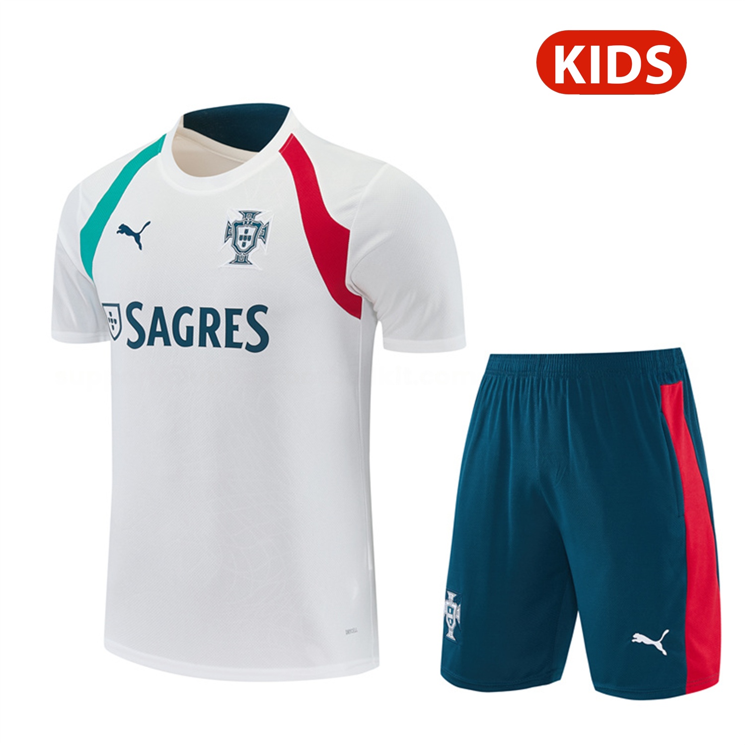 Portugal 2026 Kids Short-Sleeve Training Set - White With Red And Green Accents Top & Dark Blue Pants - UnitedFutballJersey